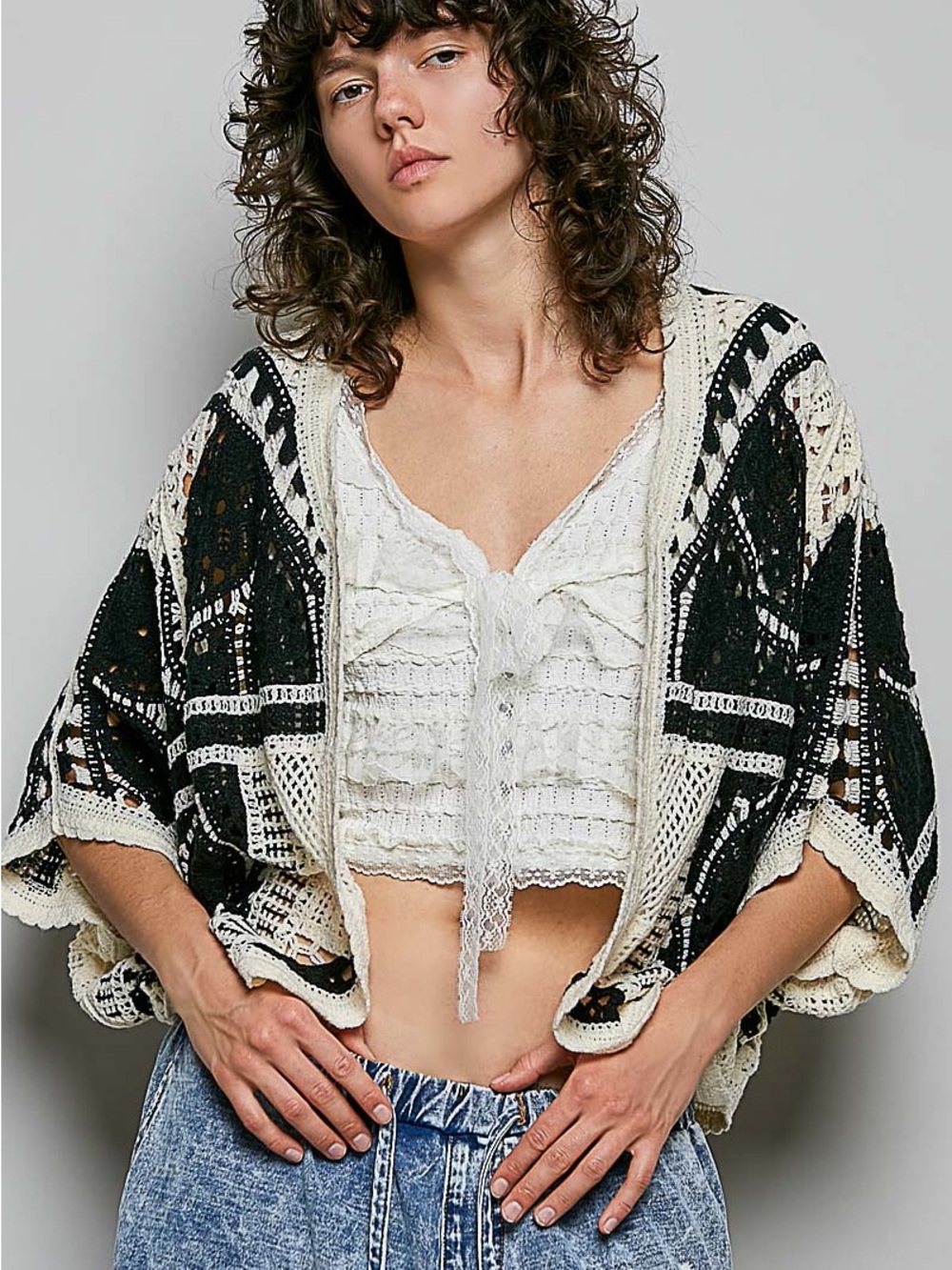 111. POL black and cream crochet cardigan